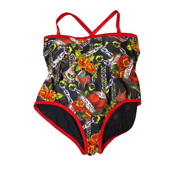 XOXO Retro Tattoo Sparrow Print Plus Size Adjustable One Piece Swim Suit 3X - Picture 1 of 7